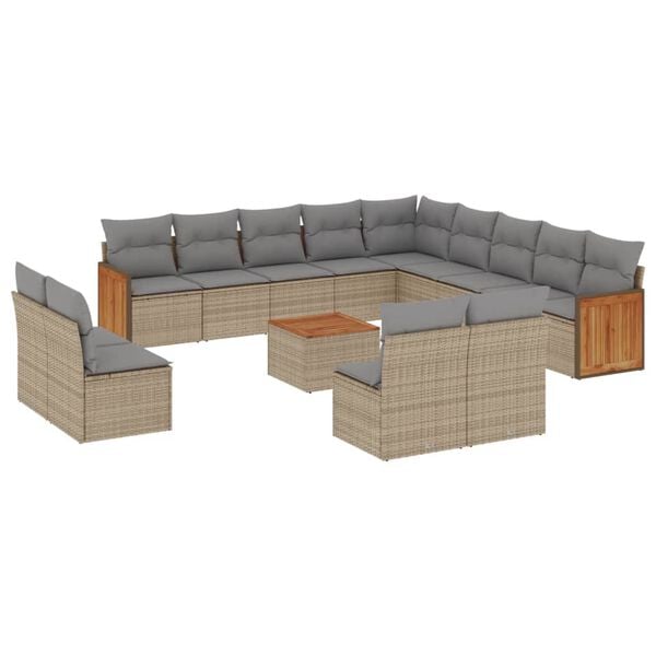 vidaXL 14-delige Loungeset met kussens poly rattan beige