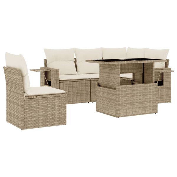 vidaXL 6-delige Loungeset met kussens poly rattan beige