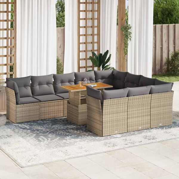 vidaXL 11-delige Tuinset met kussens poly rattan beige