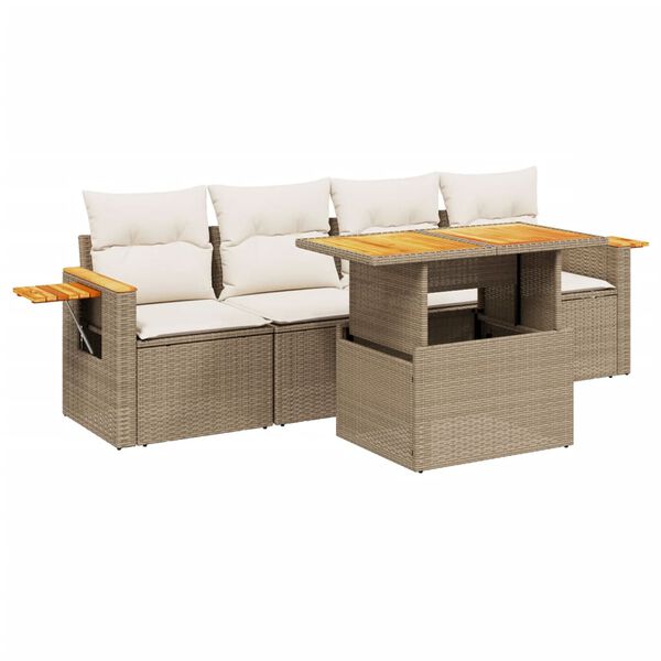 vidaXL 5-delige Loungeset met kussens poly rattan beige