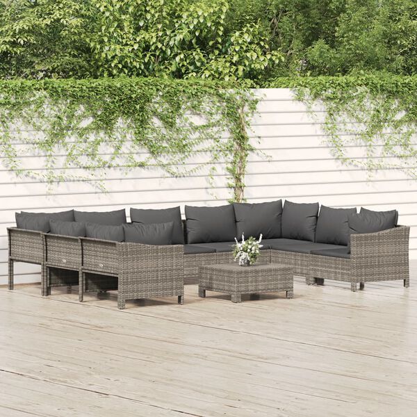 vidaXL 10-delige Loungeset met kussens poly rattan grijs