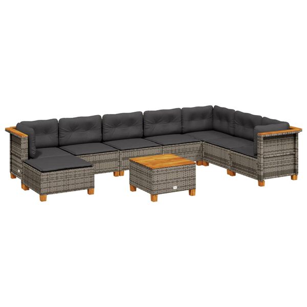 vidaXL 9-delige Loungeset met kussens poly rattan grijs