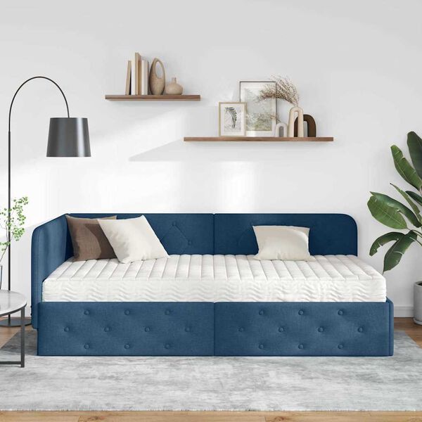 vidaXL Hoekbedframe met matras met hoofdeinde Blauw 90 x 190 cm Stof