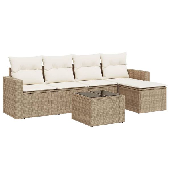 vidaXL 6-delige Loungeset met kussens poly rattan beige