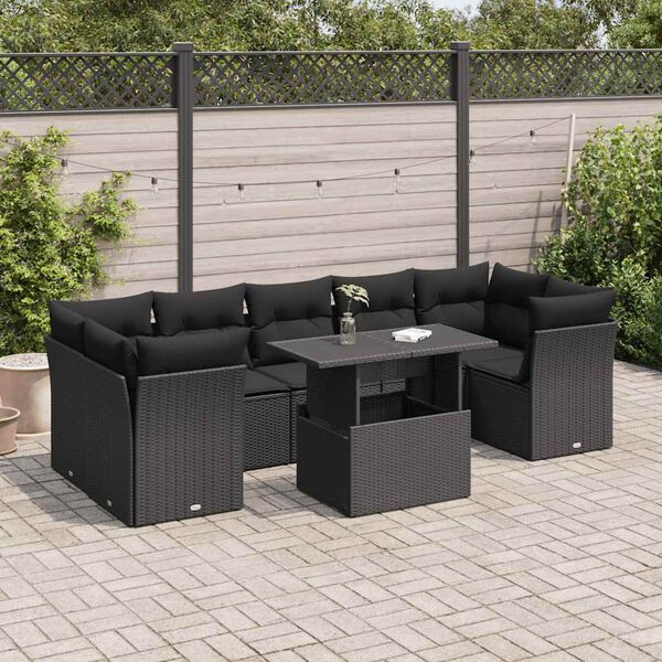 vidaXL 8-delige Loungeset met kussens poly rattan zwart