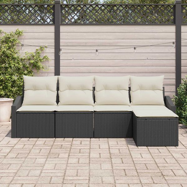 vidaXL Bankstel met kussen met opslag 5 pcs Zwart en Cr&egrave;me poly rattan
