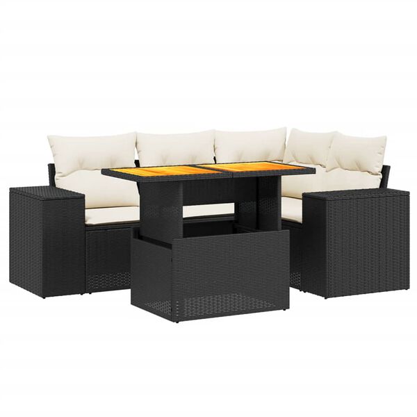 vidaXL 5-delige Loungeset met kussens poly rattan zwart