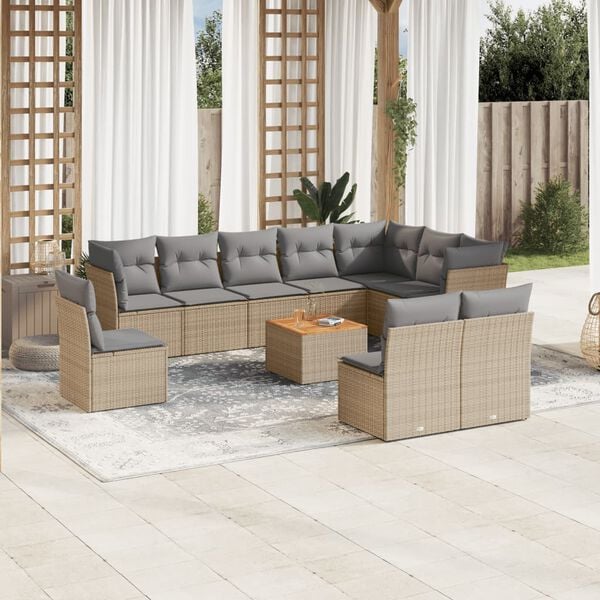 vidaXL 11-delige Loungeset met kussens poly rattan gemengd beige