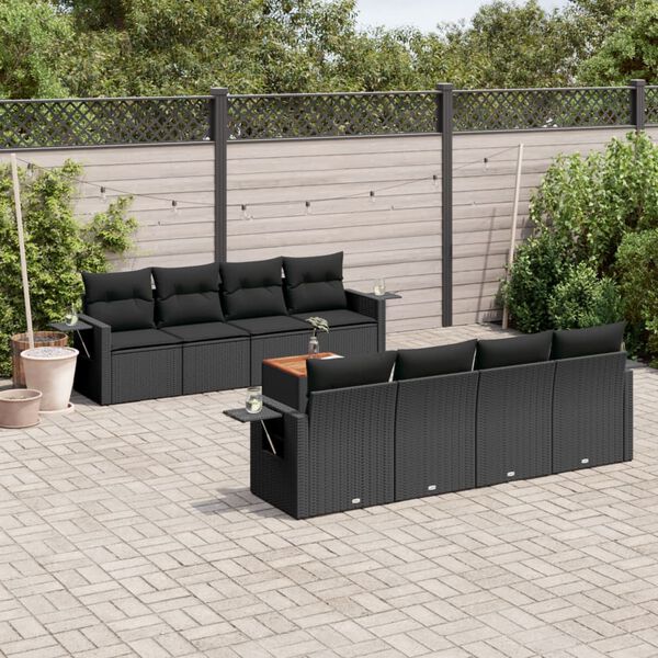 vidaXL 9-delige Loungeset met kussens poly rattan zwart