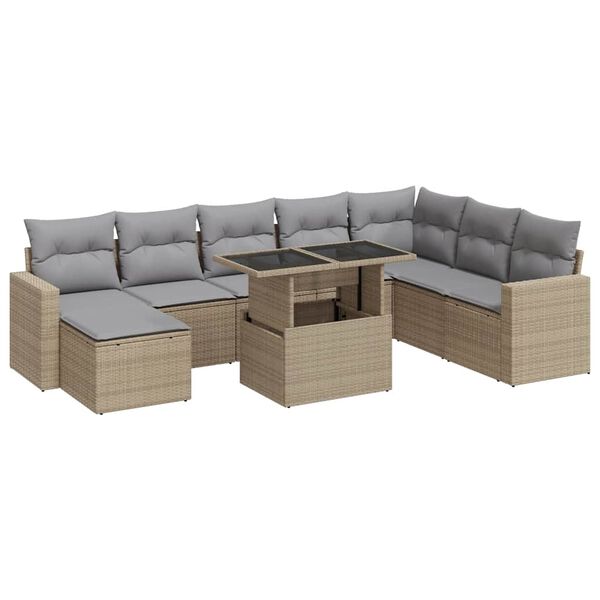 vidaXL 9-delige Loungeset met kussens poly rattan beige
