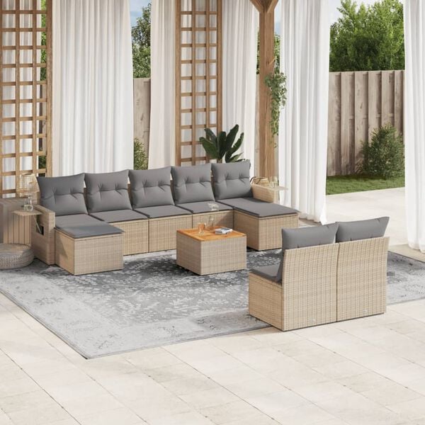 vidaXL 10-delige Loungeset met kussens poly rattan beige