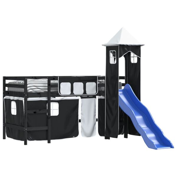 vidaXL Kinderhoogslaper met toren 90x200 cm grenenhout wit en zwart
