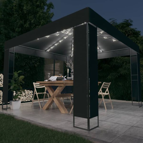 vidaXL Prieel met dubbel dak en LED-lichtslinger 3x3 m antracietkleur
