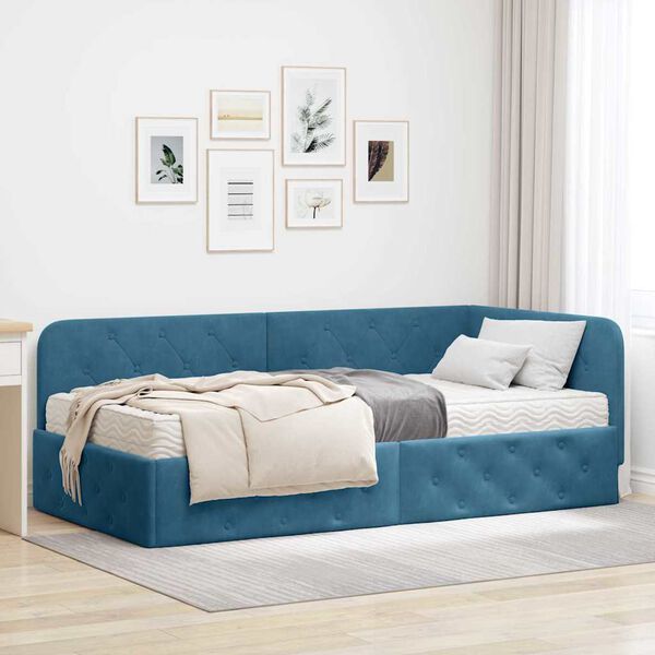vidaXL Hoekbedframe met matras Blauw 100 x 200 cm Fluweel