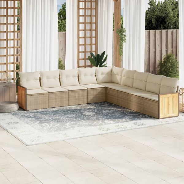 vidaXL 9-delige Loungeset met kussens poly rattan beige