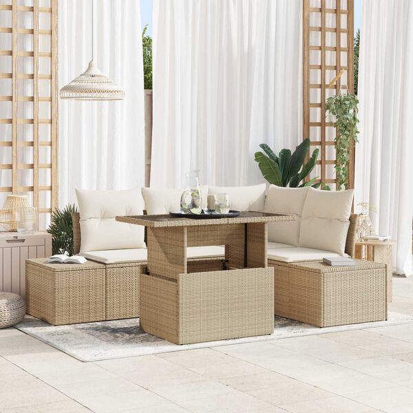 vidaXL Tuin Sofa Set met kussen met opslag 5 pcs Beige poly rattan