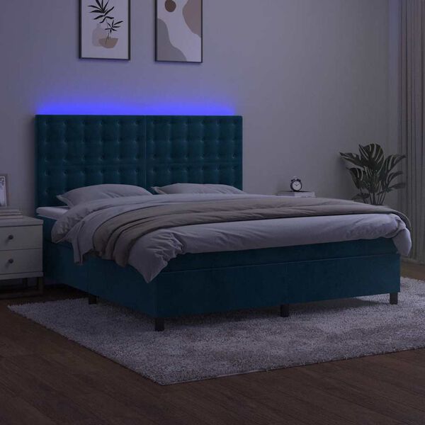 vidaXL Boxspring met matras en LED fluweel donkerblauw 160x200 cm