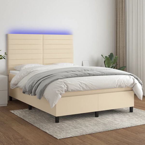vidaXL Boxspring met matras en LED stof cr&egrave;mekleurig 140x200 cm