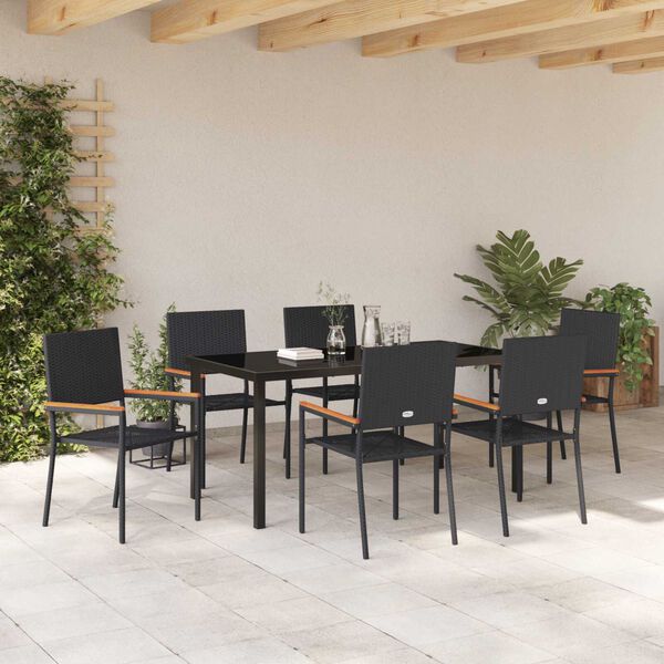 vidaXL Tuin eettafelset met kussen 7 pcs Zwart poly rattan