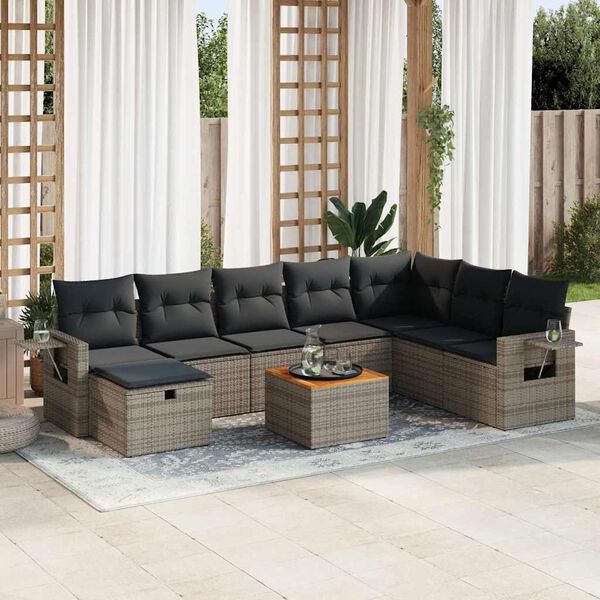 vidaXL 9-delige Loungeset met kussens poly rattan grijs