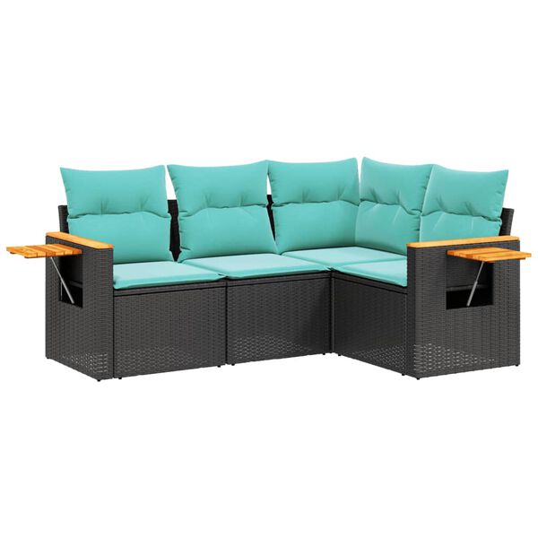vidaXL 4-delige Loungeset met kussens poly rattan zwart