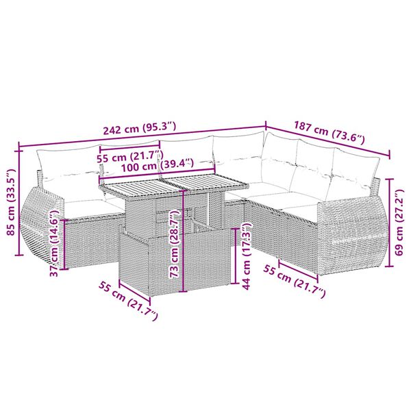 vidaXL 7-delige Loungeset met kussens poly rattan beige