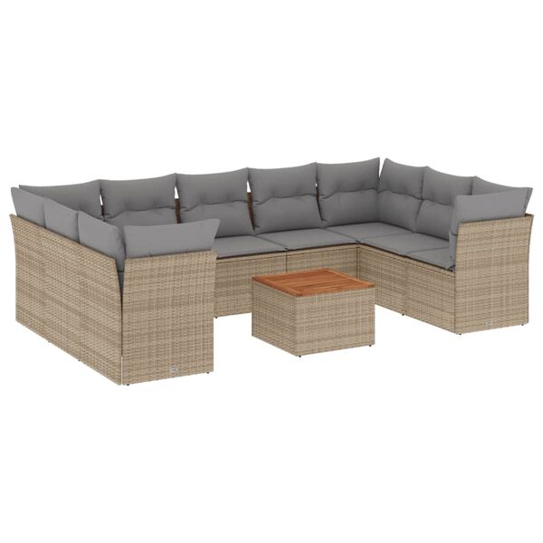 vidaXL 10-delige Loungeset met kussens poly rattan beige