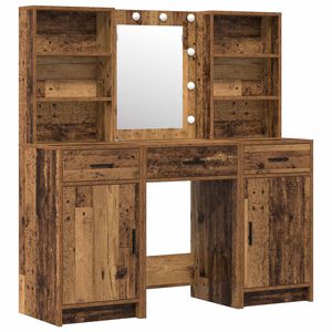 vidaXL Make-up tafel set met LED 3 st Oudhout Bewerkt hout