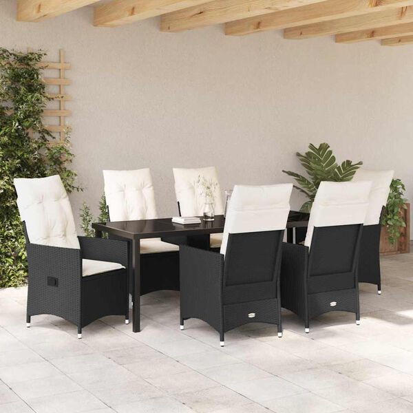 vidaXL Tuin eettafelset met kussen 7 pcs Zwart poly rattan