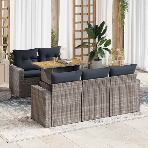 vidaXL 6-delige Loungeset met kussens poly rattan grijs