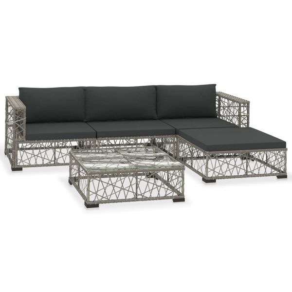 vidaXL 5-delige Loungeset met kussens poly rattan grijs