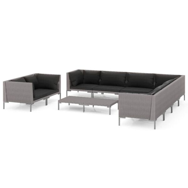 vidaXL 10-delige Loungeset met kussens poly rattan donkergrijs