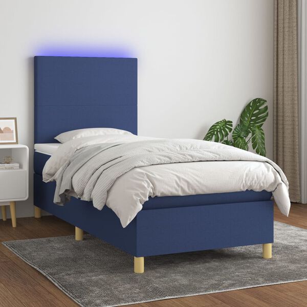 vidaXL Boxspring met matras en LED stof blauw 90x190 cm