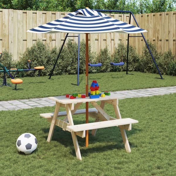 vidaXL Picknicktafel voor 4 kinderen met parasol massief vurenhout