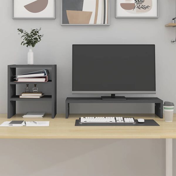 vidaXL Monitorstandaard 81x20x30 cm massief grenenhout grijs