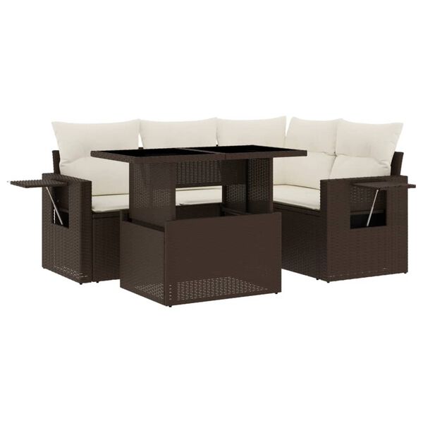 vidaXL 5-delige Loungeset met kussens poly rattan bruin