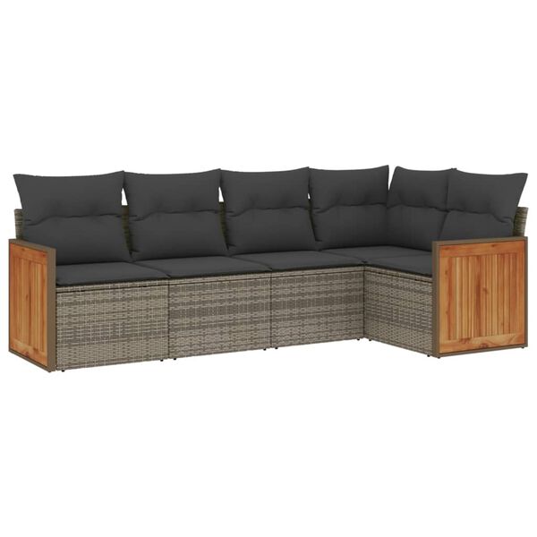 vidaXL 5-delige Loungeset met kussens poly rattan grijs