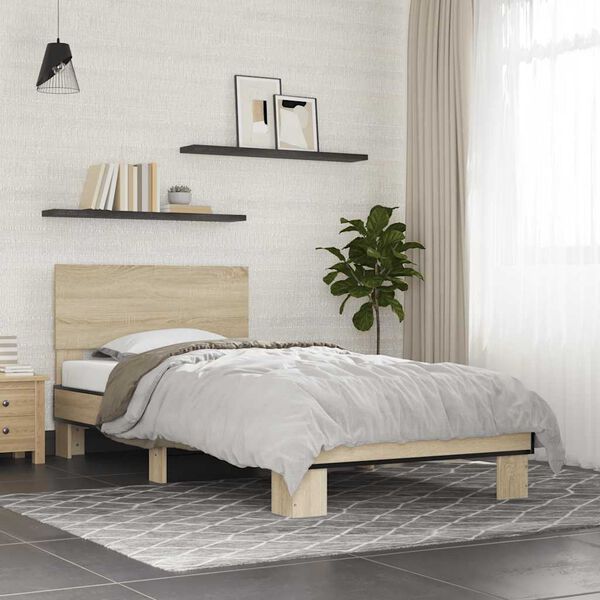 vidaXL Bedframe bewerkt hout en metaal sonoma eikenkleurig 90x190 cm