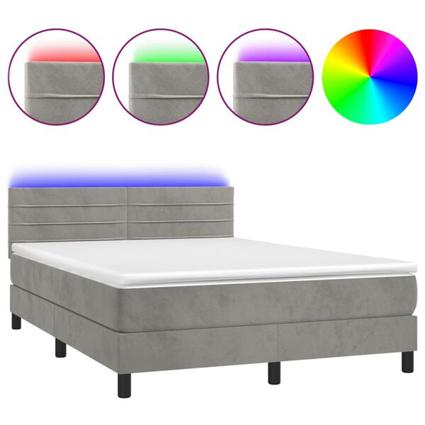 vidaXL Boxspring met matras en LED fluweel lichtgrijs 140x190 cm
