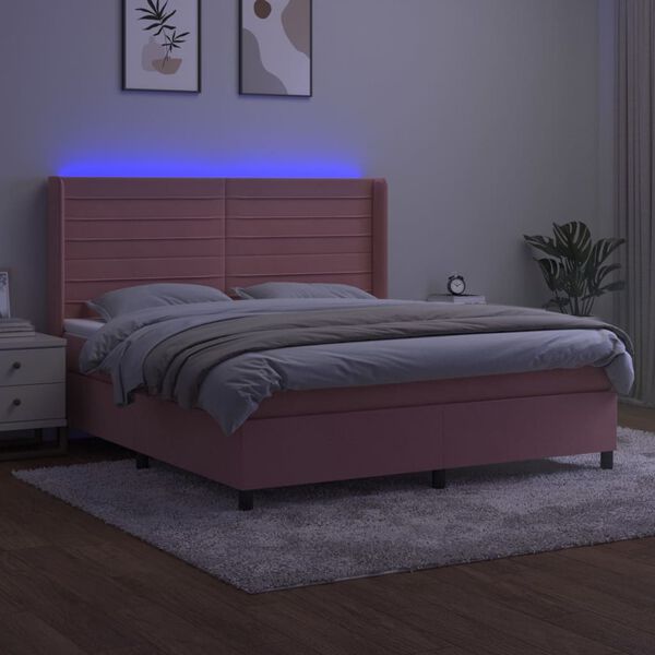 vidaXL Boxspring met matras en LED fluweel roze 180x200 cm