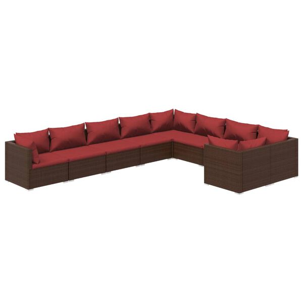 vidaXL 9-delige Loungeset met kussens poly rattan bruin