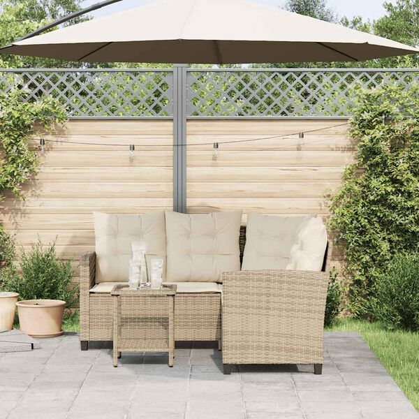 vidaXL Tuinbank met tafel en kussens L-vormig beige poly rattan