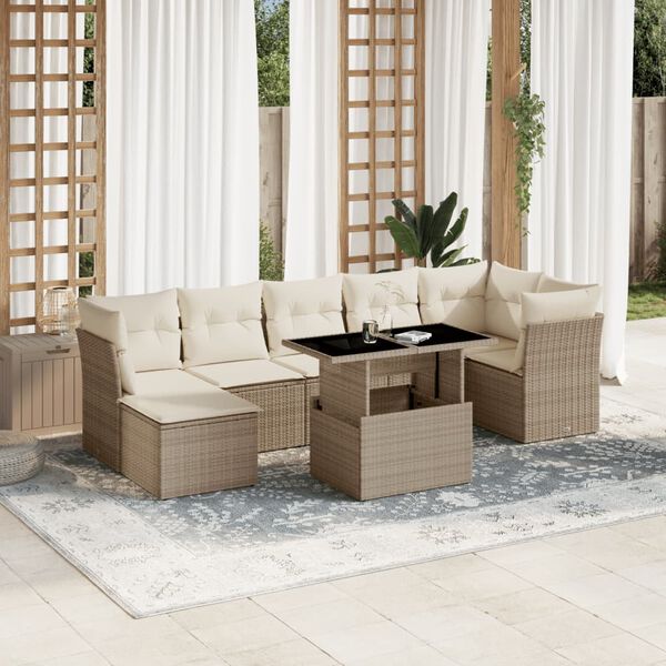 vidaXL 8-delige Loungeset met kussens poly rattan beige