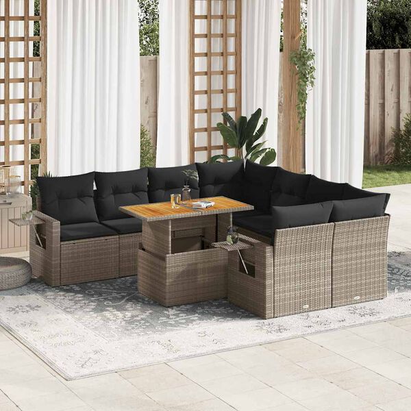 vidaXL 9-delige Loungeset met kussens poly rattan grijs