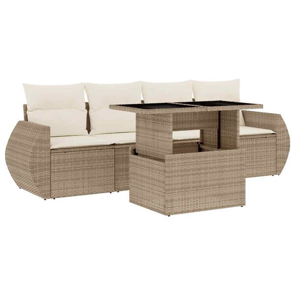vidaXL 5-delige Loungeset met kussens poly rattan beige