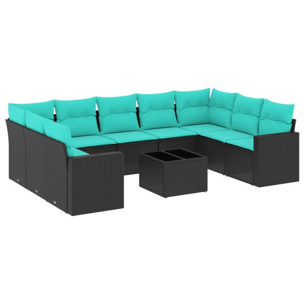 vidaXL 10-delige Loungeset met kussens poly rattan zwart