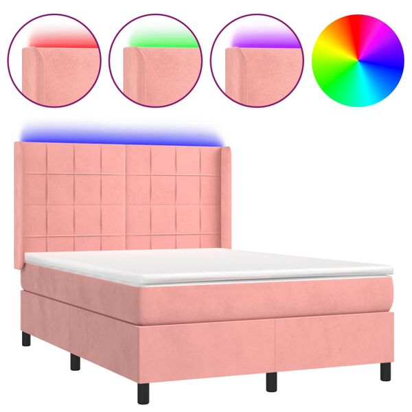 vidaXL Boxspring met matras en LED fluweel roze 140x190 cm
