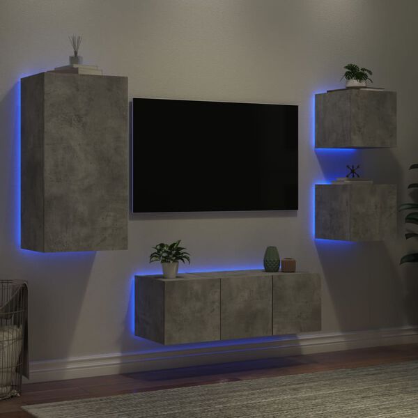 vidaXL 5-delige Tv-wandmeubelset met LED bewerkt hout betongrijs