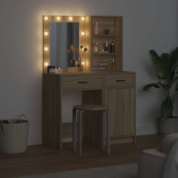 vidaXL Make-up tafel set met LED 2 pcs Sonoma Eiken Bewerkt hout