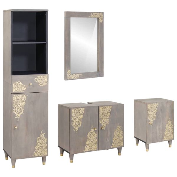vidaXL Badkamerkastenset met lade 4 pcs Grijs Massief Mango Hout
